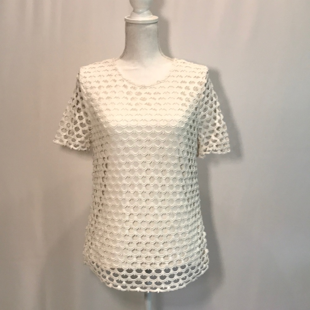 Ann Taylor Cream Top with Crocheted Overlay